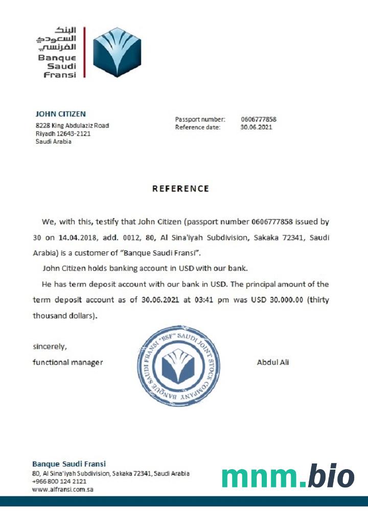 Arabia Saudyjska Banque Saudi Fransi przykład odniesienia w formatach Word i PDF